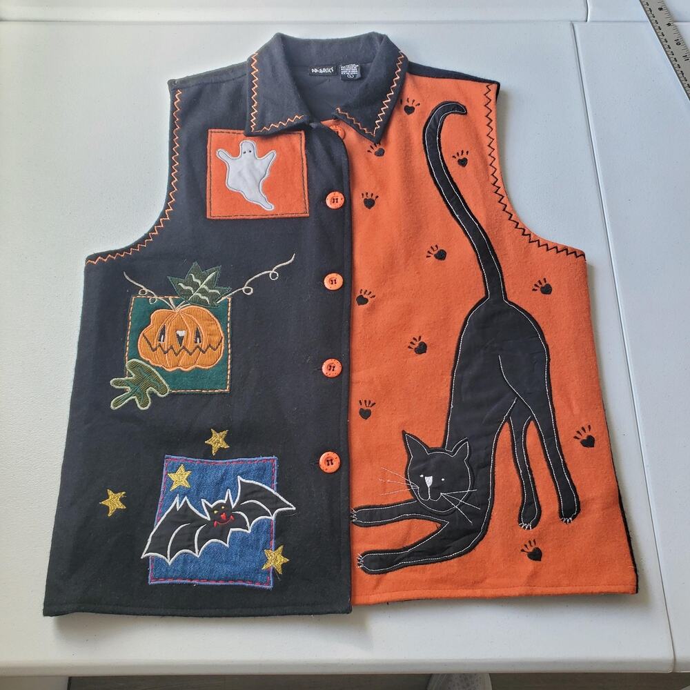 Vintage Vest Womens Large Black Orange Wool Halloween Cat Bat Pumpkin Ghost